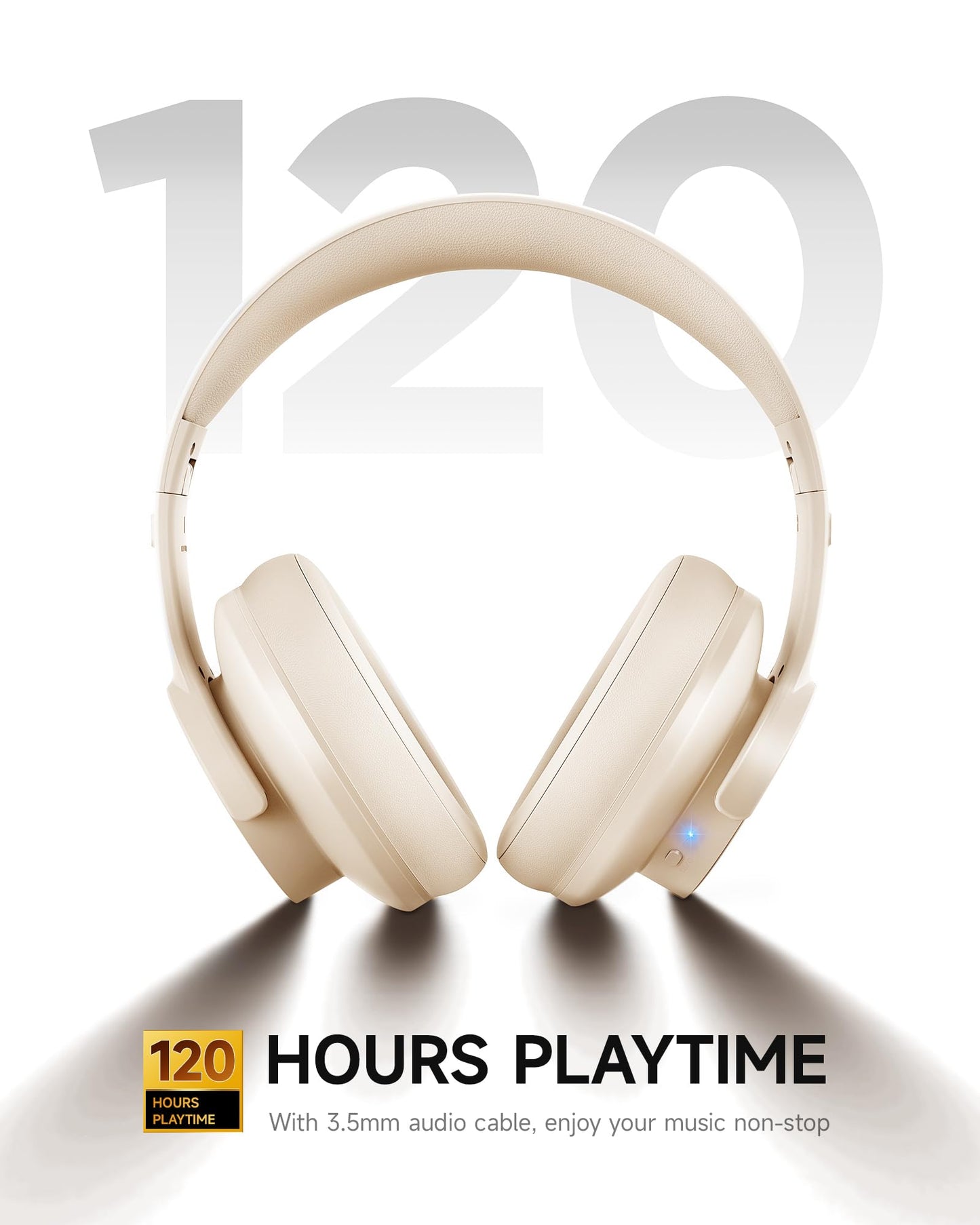 Picun B8 Bluetooth Headphones, 120H Playtime Headphone Wireless Bluetooth with 3 EQ Modes, Low Latency, Hands-Free Calls, Over Ear Headphones for Travel Home Office Cellphone PC Khaki White