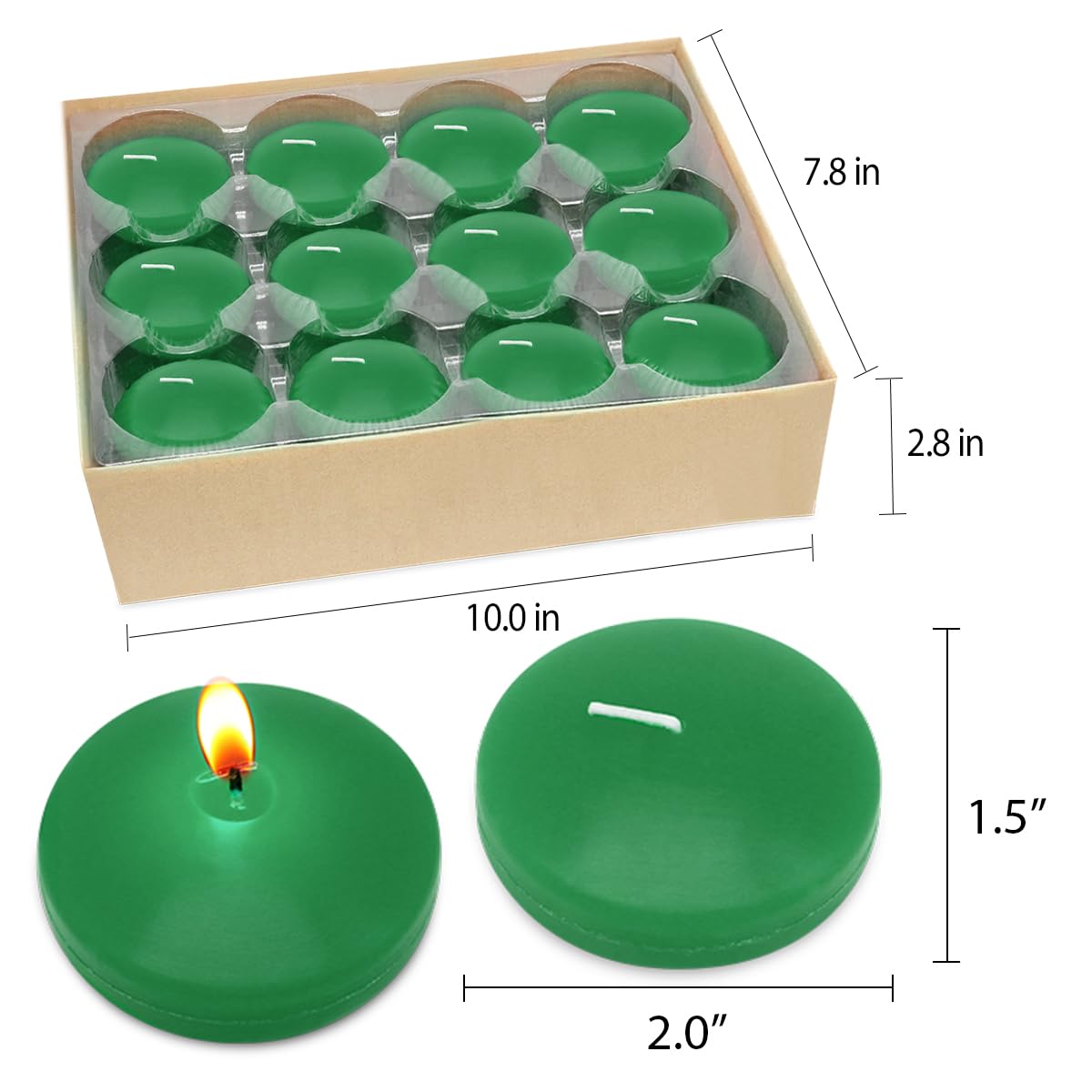 6 Hour 2 Inch Green Floating Candles, Small Unscented Dripless Pool Water Wax Candles for Cylinder Vase, Centerpiece at Wedding, Party, Holiday, St. Patrick's Day, 24 Packs