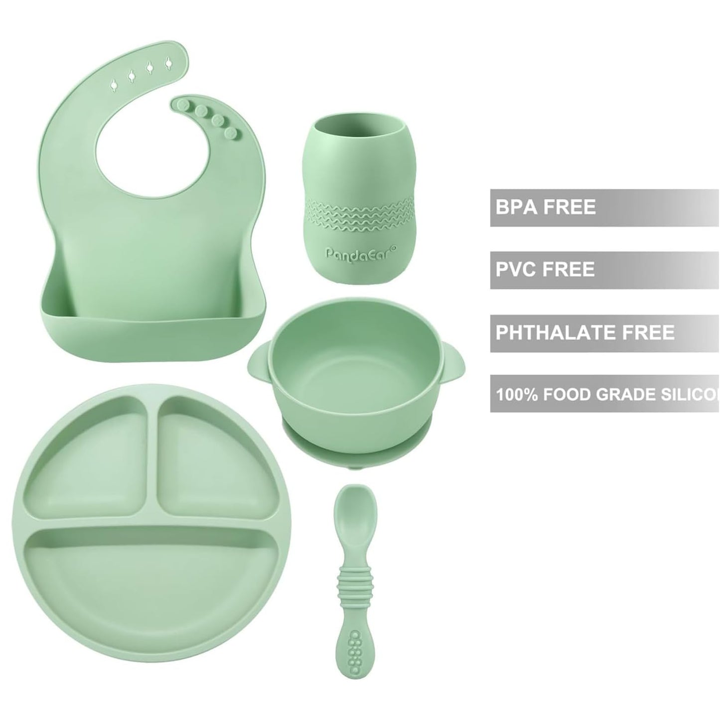 PandaEar Silicone Baby Feeding Set - 6-12 Months | LED Weaning Supplies - Bib + Plate with Suction + Cup + Bowls and Spoon