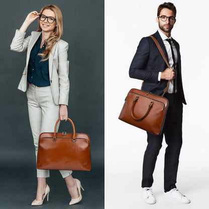 Blofinche Genuine Leather laptop Briefcase: Messenger shoulder bag 15 16 inch men macbook case women work satchel designer handbag Brown