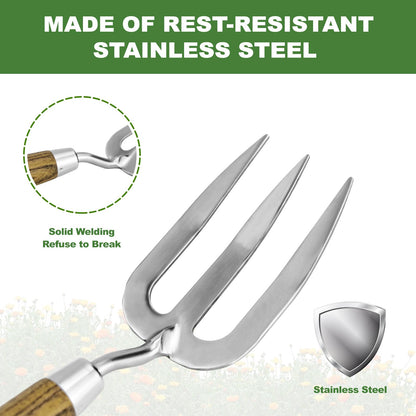 Garden Hand Fork, Hand Weeding Fork with Sharp Tine for Easy Uprooting Large Weeds, Stainless Steel Garden Fork, Comfortable Grip Wood Handle Hand Fork for Fast Weeding, Loosening Soil and Composting