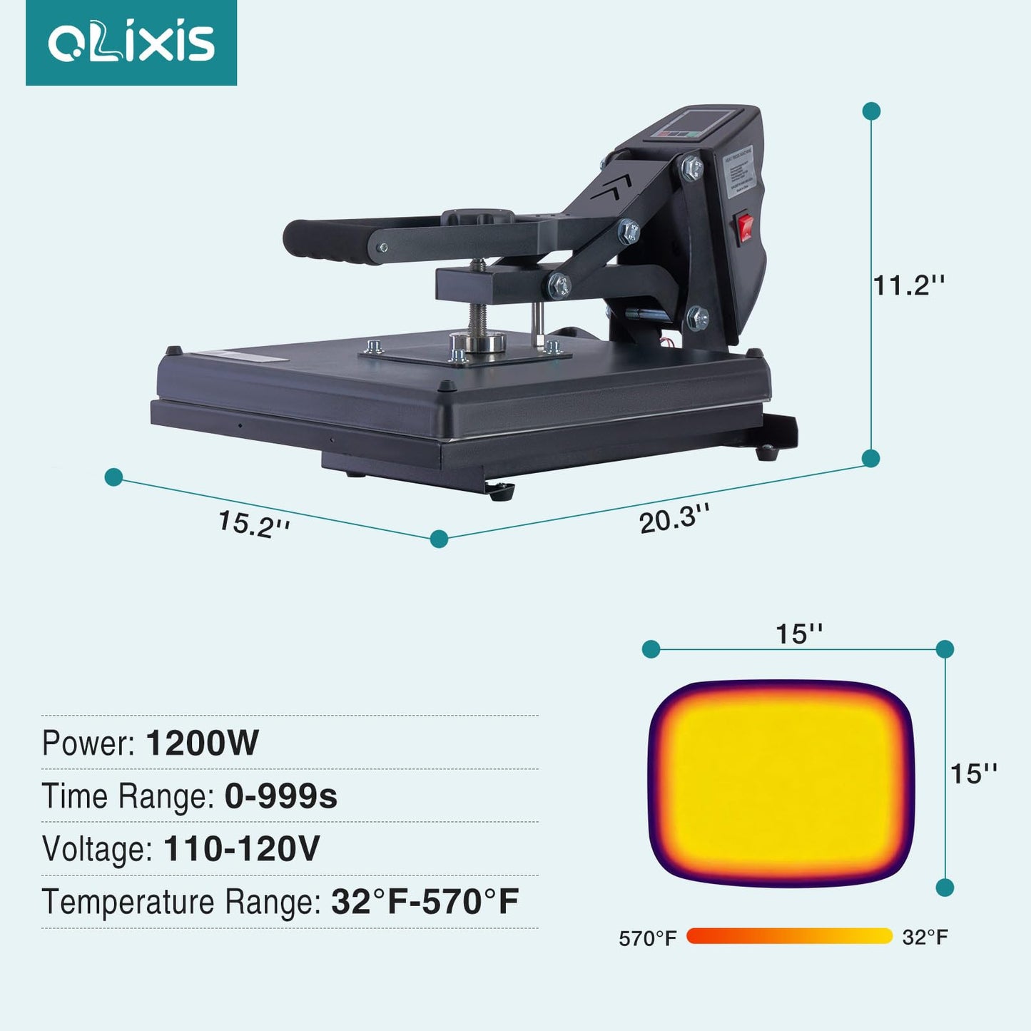OLIXIS LW Heat Press, 15x15 Heat Press Machine for T Shirts with LCD Display & Memory Mode, 1200W Heat Transfer Machine for Bags, Pillows, Aprons