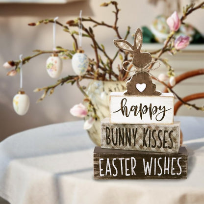 DIYDEC 4Pcs Easter Tabletop Decorations Bunny Wooden Block Signs Gift Rustic Tiered Tray Decor Happy Easter Centerpiece Farmhouse Wood Rabbit Table Sign for Kitchen Home Office Party Decor