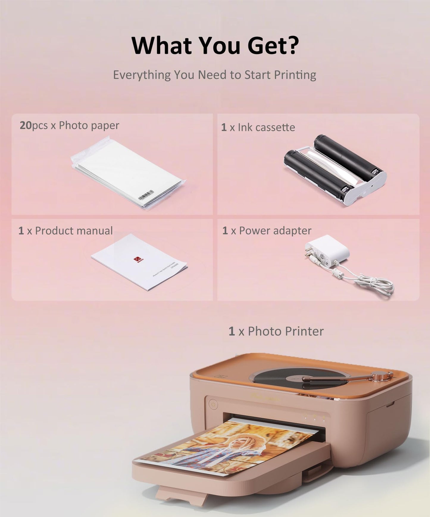 PRT 4x6 Photo Printer, Thermal Dye Sublimation WiFi Picture Printer for Phone, Portable Phone Printer with AR Video & 20 Sheets 1 Cartridge, Instant Printing for Home Use CP6000 Pink