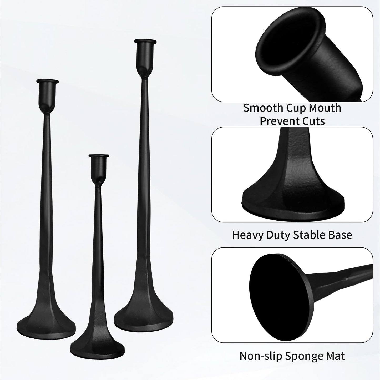 Set of 3 Taper Candle Holders, Cast Iron Candlestick Holders Tall for Wedding, Dining Table, Halloween & Fall Decor, Home Decoration (Black, 12" 14" 15.5")