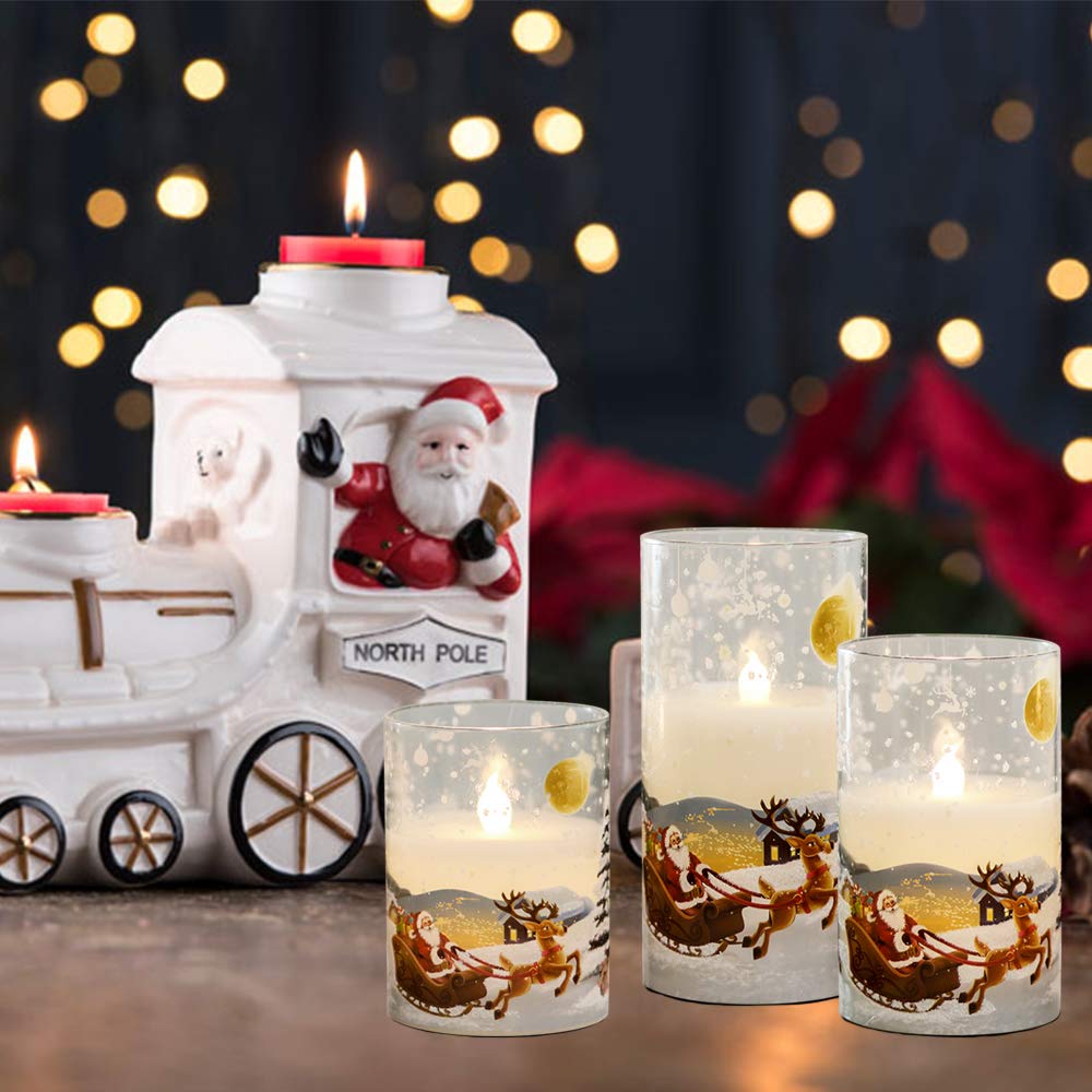 Eldnacele Santa Claus Glass Flameless Candle with Remote Timer Battery Operated Flickering LED Pillar Candles 3 Pack Warm White Light Christmas Decal Candles Set of 3 (D3” x H 4” 5” 6”) – Santa Sleigh