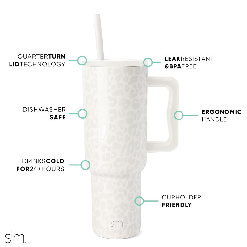 Simple Modern 40 oz Trek Tumbler with Handle and Straw Lid | Cup Holder Friendly Insulated Stainless Steel Travel Mug | Cream Leopard