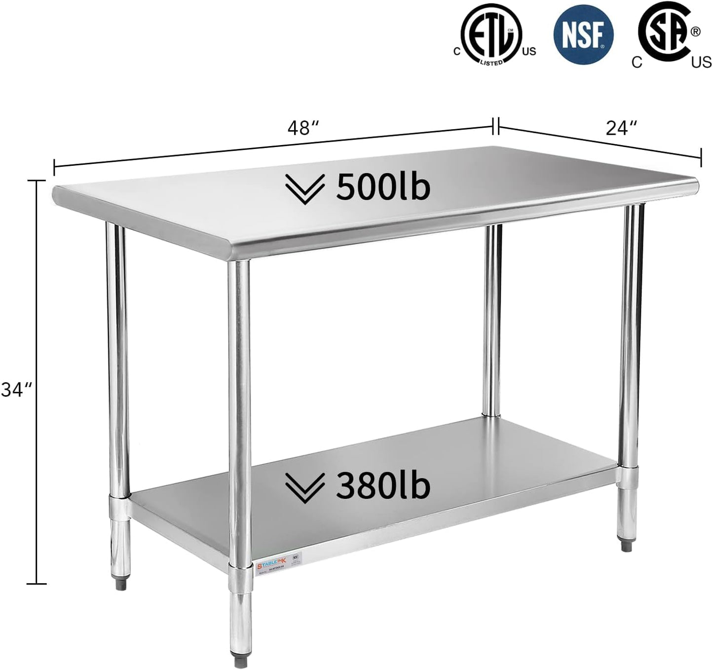 STABLEINK NSF Stainless Steel Prep Table 48x24 Inches 4ft, Metal Work Table with Adjustable Undershelf, for Commercial Kitchen, Restaurant, Hotel, Laundry and Garage