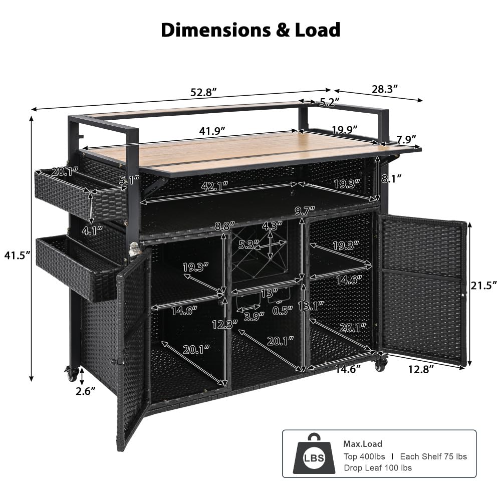 Dfchlda 52.8" Wicker Outdoor Grill Cart with Extended Plastic Wood Table Top, Rolling Kitchen Island with Storage Cabinet, Double Handle Design for Patio, Backyard, Garden, Poolside(Black Brown)
