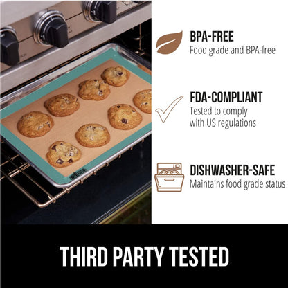 GORILLA GRIP Food Grade Reusable Nonstick Silicone Baking Mat, 16.5x11.87, Half Sheet 2PK, Oven Safe Cookie Sheet Liners, Up to 500 Degrees, No Mess Easy Clean Pastry Mats, Kitchen Essentials, Mint
