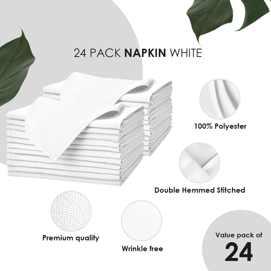 Avalon Kitchen White Cloth Napkins Bulk (Pack of 24) - 100% Polyester Dinner Linen Napkins Cloth Washable & Reusable - Durable with Hemmed Edges - Ideal for Parties and Weddings (17x17 Inches)