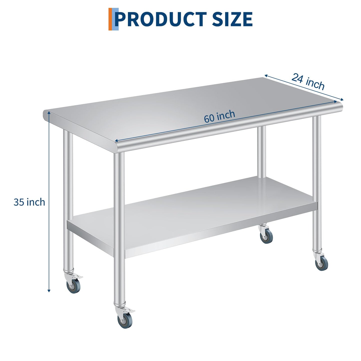  Stainless Steel Prep Table, 24 x 60 Inches Heavy Duty Commercial , with Rounded-Corner, Adjustable Undershelf and 4 Caster Wheels, Heavy Duty Work Table with Adjustable Under Shelf for Outdoor, Res