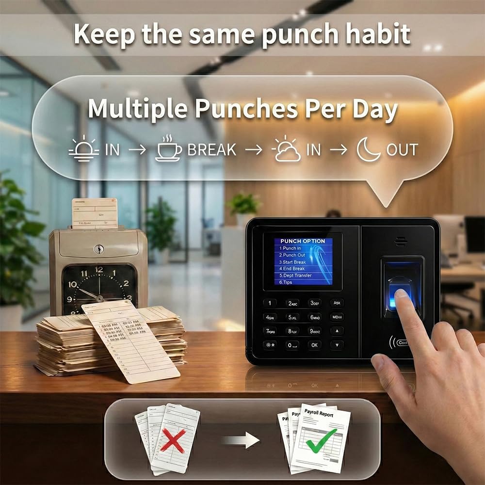 Tymelix Time Clock System: App Control & 5s Fast Connection, Customizable Rules & 4 Payroll Reports, 10 IC Cards, No Monthly Fee Biometric Fingerprint Time Clocks for Employees Small Business