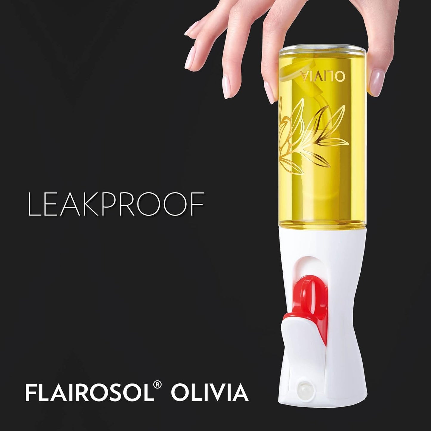 FLAIROSOL OLIVIA. The Original Advanced Oil Sprayer for Cooking, Salads, BBQs and More, Continuous Spray with Portion Control, Trusted by Chefs. Patented Technology. (Glass Bottle) (Gold Print)
