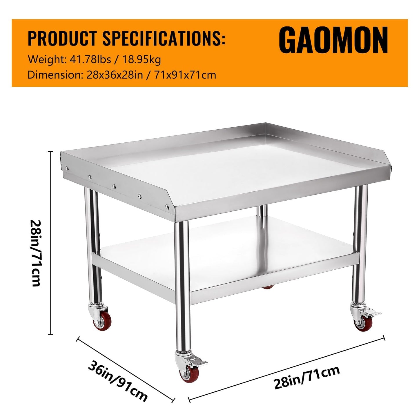 Garvee Stainless Steel Commercial Work Table with Wheels– 36x28 in, 1000 Lbs Capacity, Adjustable Shelf, Heavy Duty Grill Stand Prep Station for Professional Kitchen, Restaurant or Home