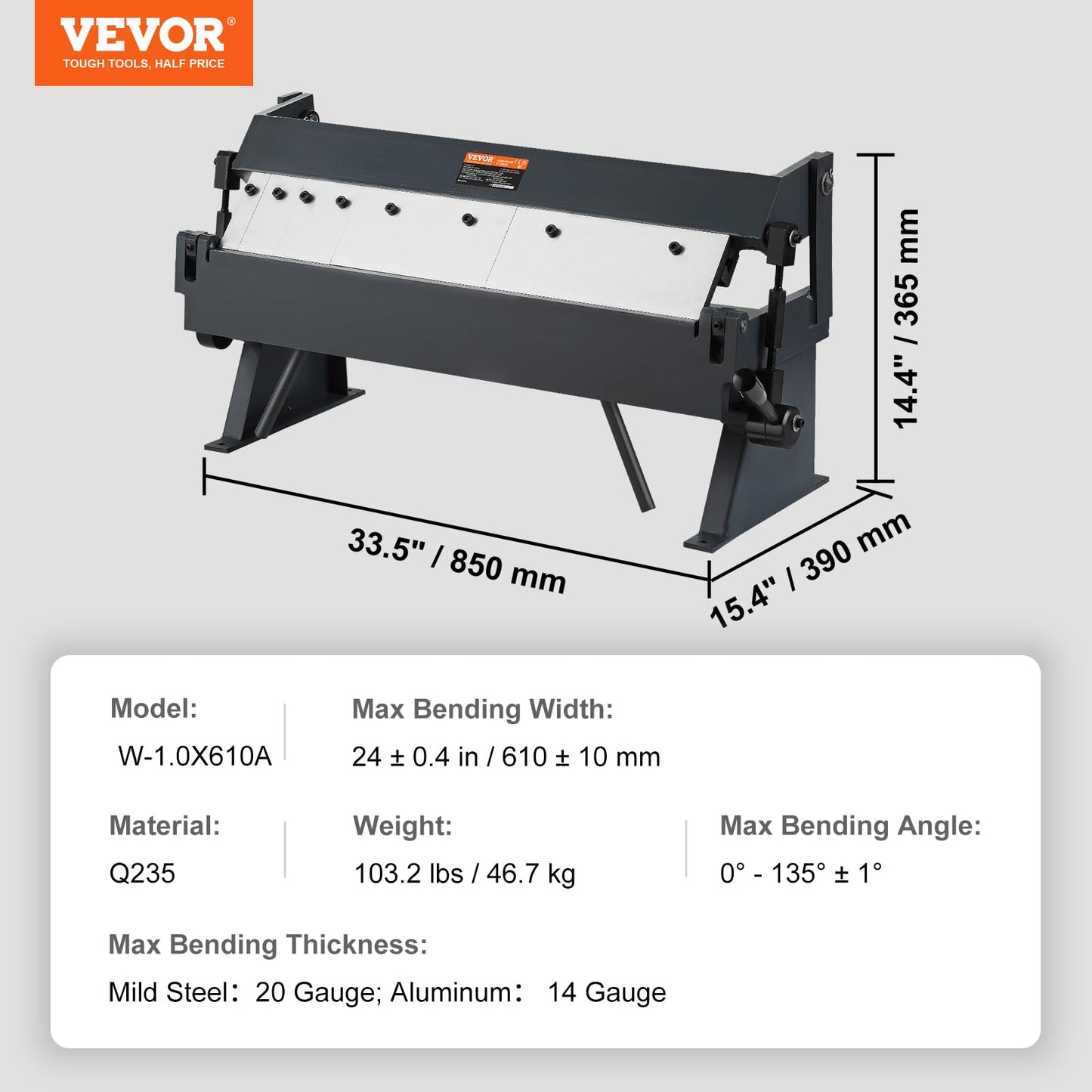 VEVOR Box and Pan Brake, 24in, Portable Metal Bender with 0-135° Bending Angle, Capable of Handling 20 Gauge Low Carbon Steel & 14 Gauge Aluminum, with 5 Adjustable Fingers for Sheet Metal Bending