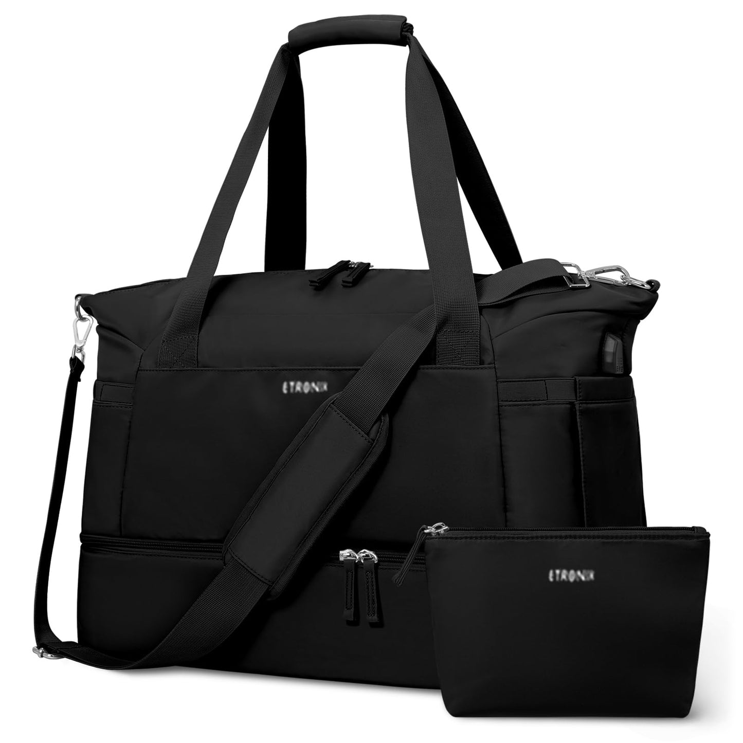 ETRONIK Gym Bag for Women, Personal Item Travel Bag with Shoes Compartment, Weekender Overnight Duffel Bag with Wet Pocket & USB Charging Port, Carry On Bag for Women, Travel, Gym, Weekend (Black)