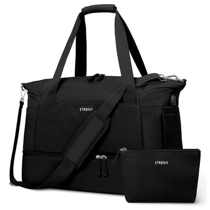 ETRONIK Gym Bag for Women, Personal Item Travel Bag with Shoes Compartment, Weekender Overnight Duffel Bag with Wet Pocket & USB Charging Port, Carry On Bag for Women, Travel, Gym, Weekend (Black)