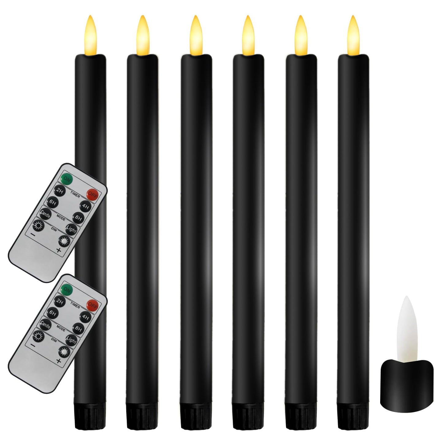 Sunjas 6PCS Flameless Taper Candles with 3D Flickering Flame Battery Operated Candles with 2 Remote with Button Cell Battery 10 Inch Black LED Candlesticks Window Candle for Christmas Home Decor