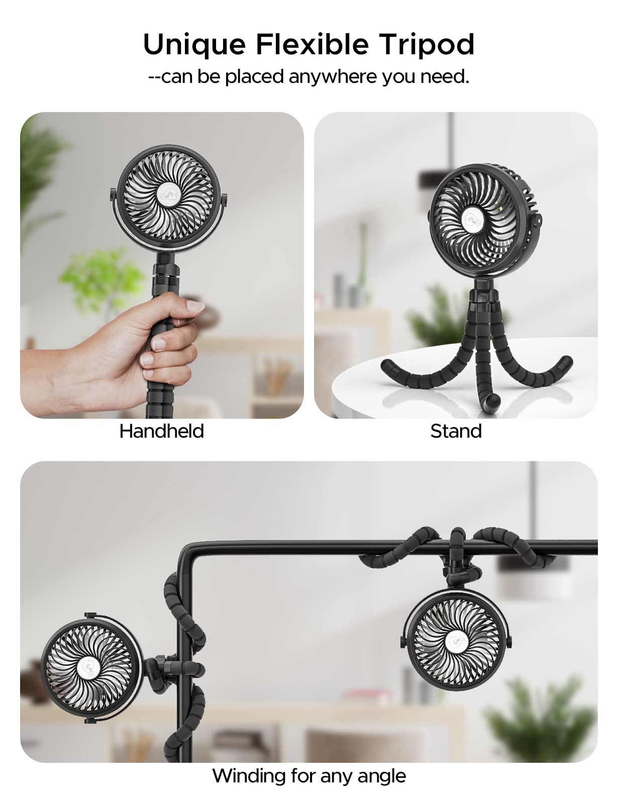 neofeel Baby Stroller fan, 12hrs Battery Rechargeable Fan, Portable Fan with Flexible & Windable Tripod, 3 Speeds and LED Lighting Available…