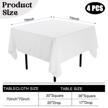 JALANCY 4 Pack Square Table Cloth 70x70 Inch White Tablecloth Machine Washable Fabric Polyester Table Cover for Dining, Buffet Parties, Picnic, Events, Weddings and Restaurants（White）