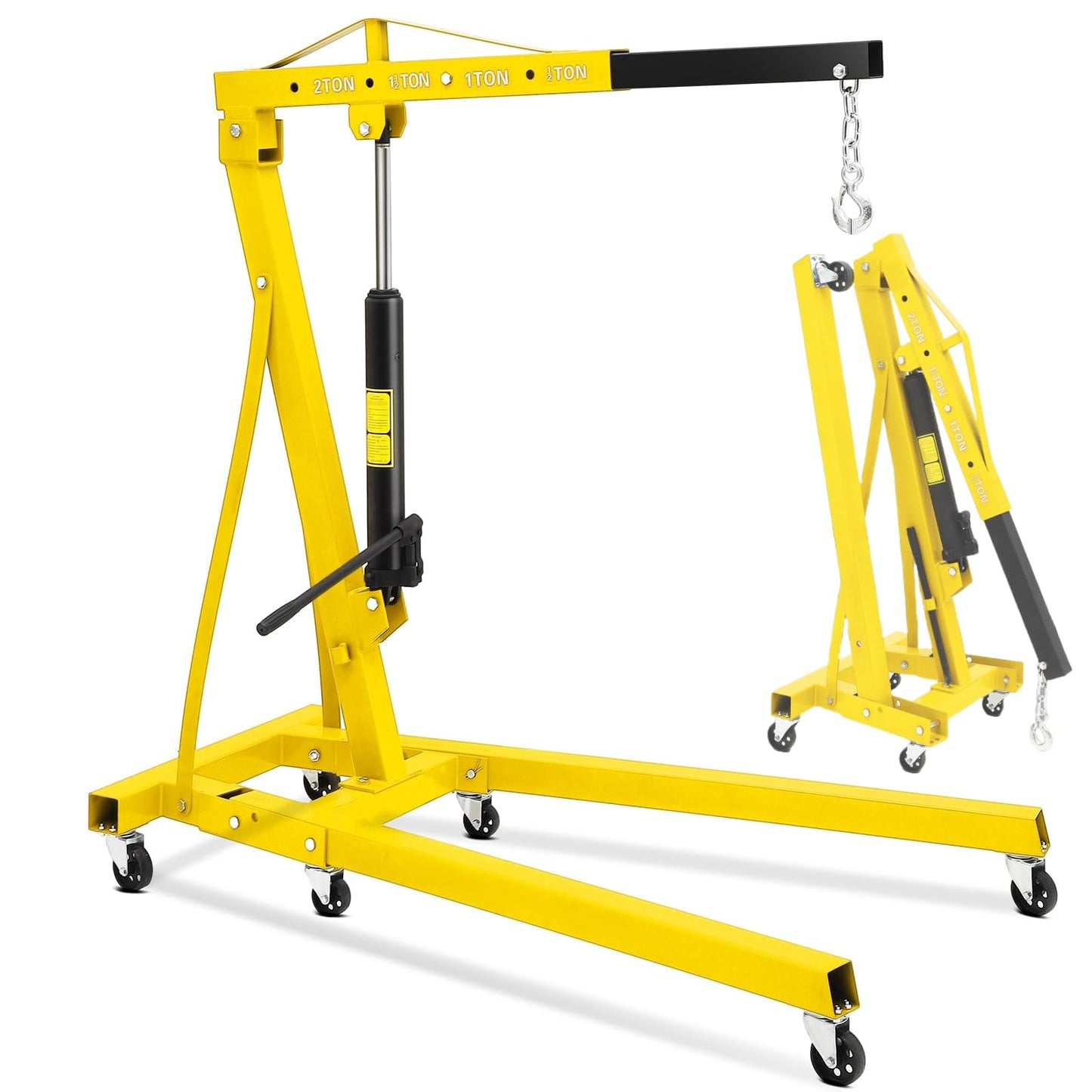 4400 Lbs Folding Hydraulic Engine Hoist, 2 Ton Portable Cherry Picker with 6 Wheels & Telescopic Boom, Foldable Engine Shop Crane Lift for Home Garage, Workshop, Warehouse, Yellow, Heavy-Duty