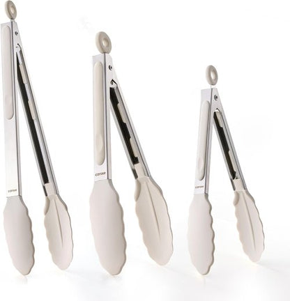 CAROTE Kitchen Tongs - Heat Resistant Stainless Steel with Non-Scratch Silicone Tips | Set of 3 (7", 9", 12")