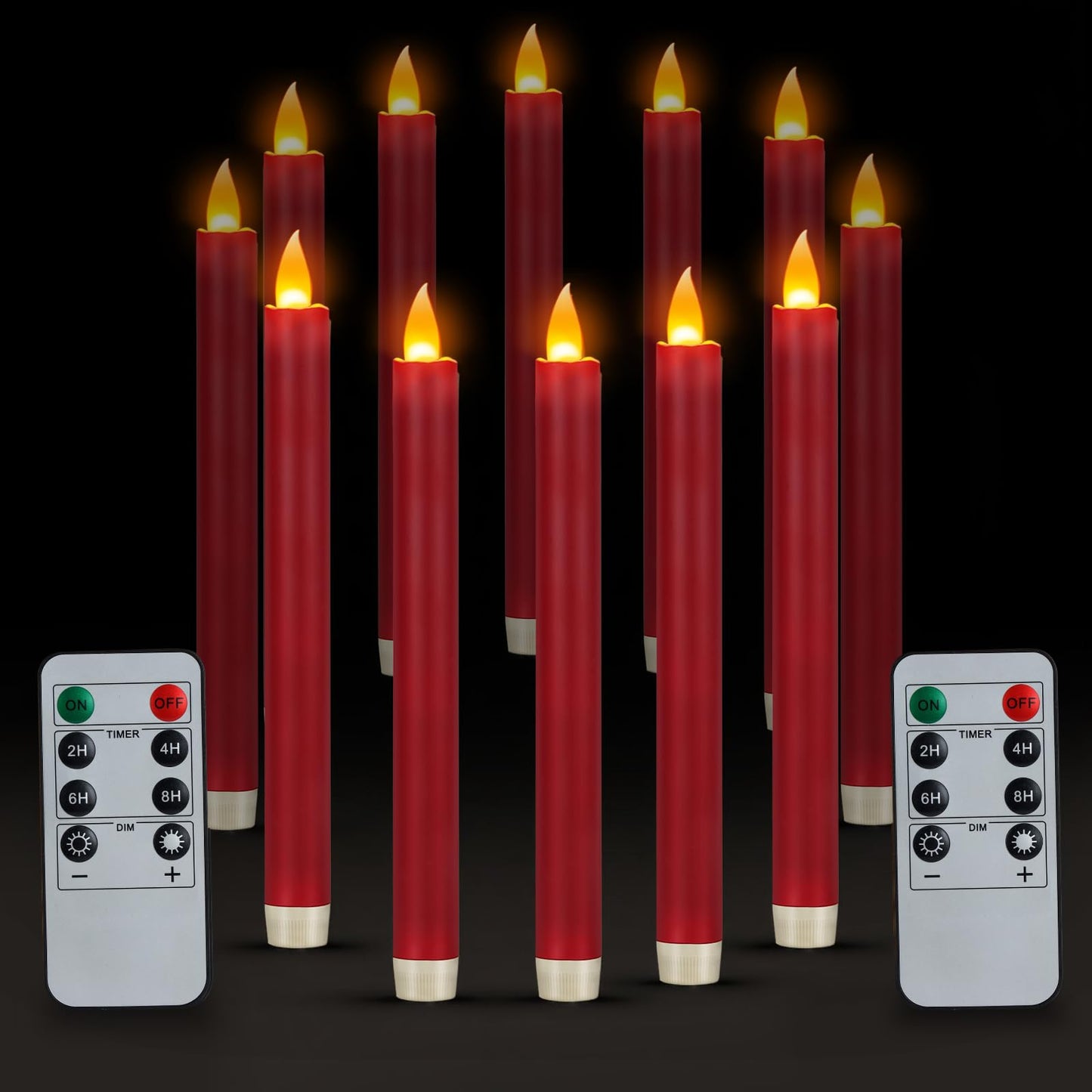 Flameless Taper Candles 10" Dripless Battery Operated Taper Candles Included Remote Timer 400+ Hours by 2AA Batteries for Halloween Christmas Wedding (Burgundy, 12 Pack)