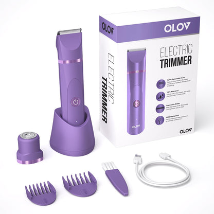 OLOV Electric Body Hair Trimmer - Groin Trimmer for Men - Bikini Trimmer Women - Wet/Dry Shaver Groomer, Replaceable Ceramic Blade Heads, USB Recharge Dock, Waterproof Hygiene Razor,Black