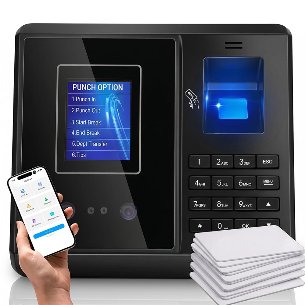 Tymelix App Control, 5s Fast Connection, Fix Records, Custom Overtime, Lunch & Break Rules, 4 Payroll Reports, No Monthly Fee, 10 IC Cards Included, Fingerprint & Face Time Clock for Small Business
