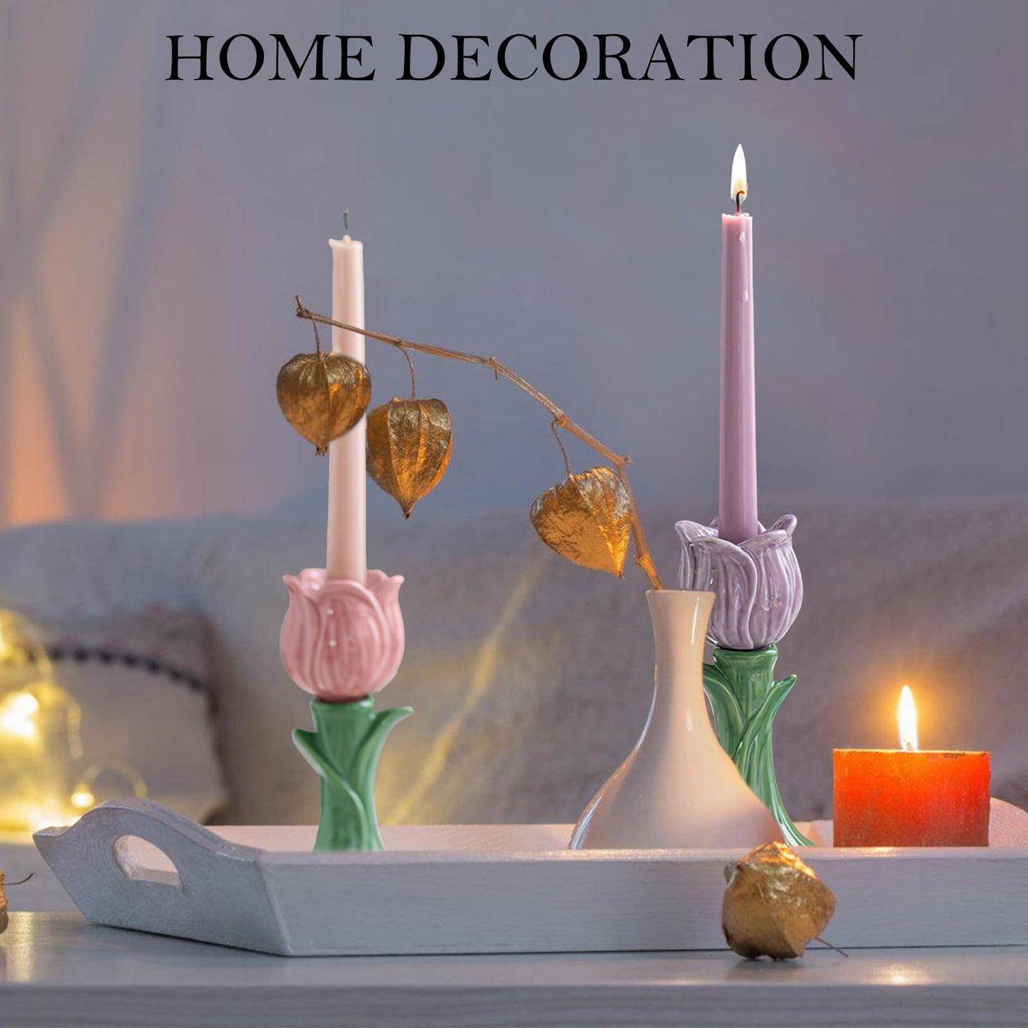 Ceramic Candlestick Holder， Candle Holder for Taper Candles,Incense, Santo Palo, Halloween Christmas Wedding Parties, Dining Room Home Decoration Display (Pink)