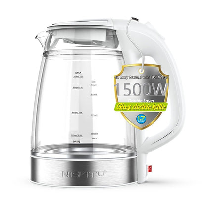 NISVITU Glass & Stainless Steel Cordless Electric kettle for boiling water, Hot water boiler Electric Tea Kettle automatic shut off Boil-Dry Protection, PC Outer + Glass Inner, 1500W, 1.7L, WH