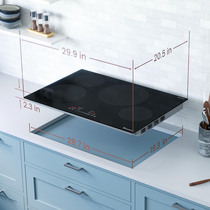 Rangaire RCI301S 30" Induction Cooktop, 8100W, 4 Burners, Built-in Stove Top, Booster & Timer, 9 Power Levels, Slide Touch Control, Child Safety Lock, 240V Hard Wire, Ceramic Surface