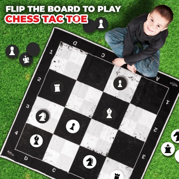 Swooc Games - 3-in-1 Giant Chess Checkers &amp Chess Tac Toe Game with Mat (4ft x 4ft) - Machine-Washable Canvas &amp 5 Big Foam Discs - Giant Chess Set Outdoor &amp Checkers Board Game for Adul