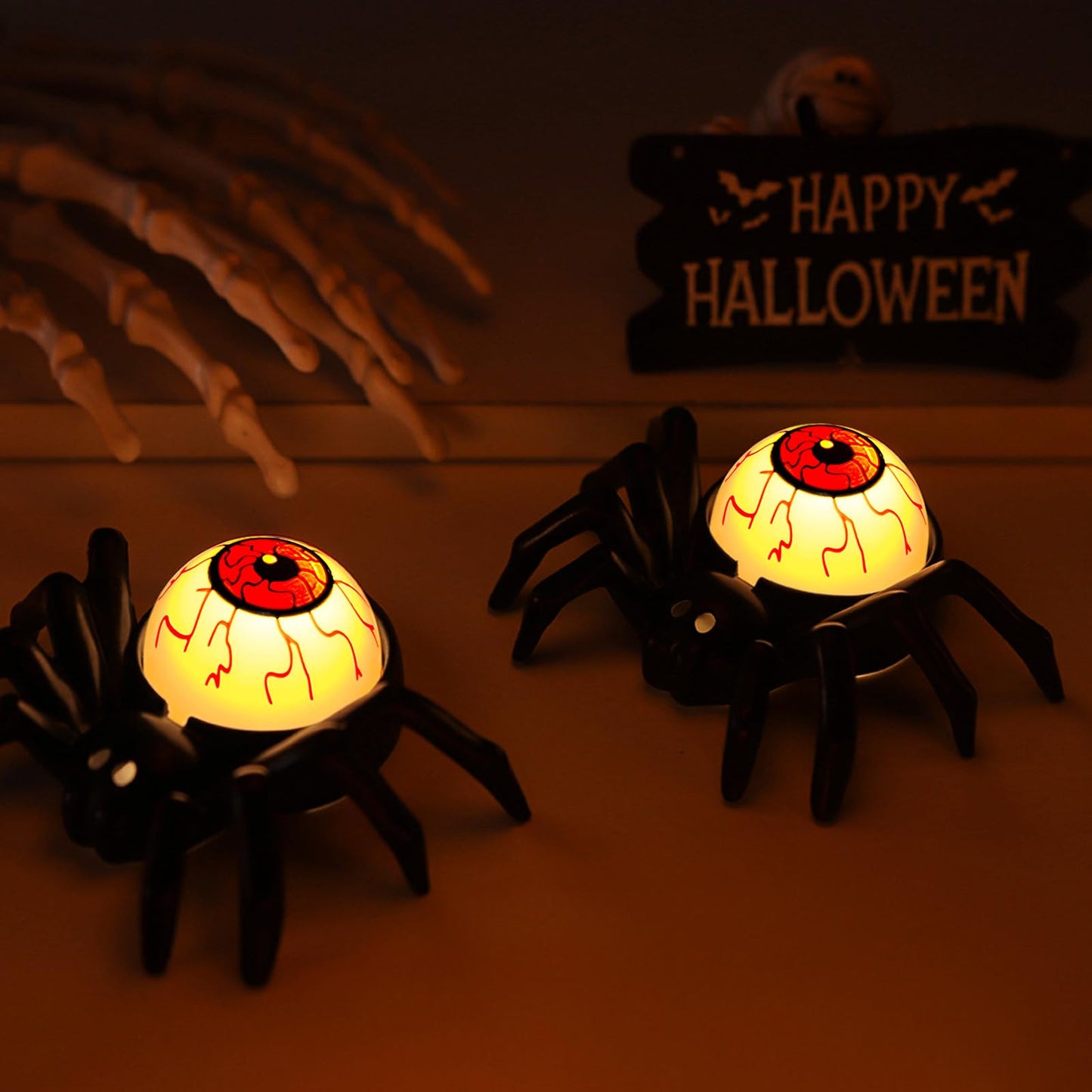 YBB 6 Pcs Halloween Spider Eyeball Tea Lights, LED Flameless Candle Holder Lights Battery Operated for Halloween PartyTable Home Spooky Decor (Eyeball)