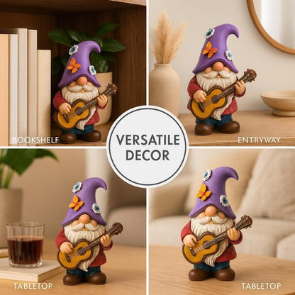 GoGnome Musical Gnome Figurine - Handcrafted 6.2" Tall Garden Decoration with Guitar, Purple Hat & Flowers