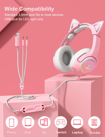 PHNIXGAM Cat Ear Gaming Cute Headset, Wired Over-Ear Headphones with Retractable Microphone, Surround Sound, LED Backlight for PS4, PS5, PC, Mobile Phone (Light Pink)