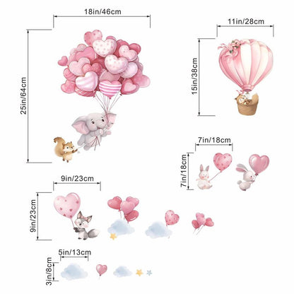 Animals Balloon Wall Stickers for Nursery: Baby Girls Kids Boys Bedroom Wall Decals - Pink Hot Air Balloon Elephant Fox