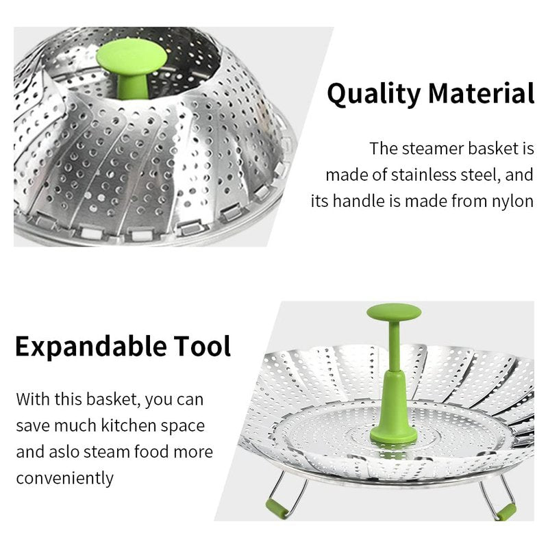 Stainless Steel Expandable Steamer Basket, Adjustable Folding Insert with Handle, Fits Pots from 5.51" to 9.1", Perfect for Cooking Seafood, Vegetables, and Fruits