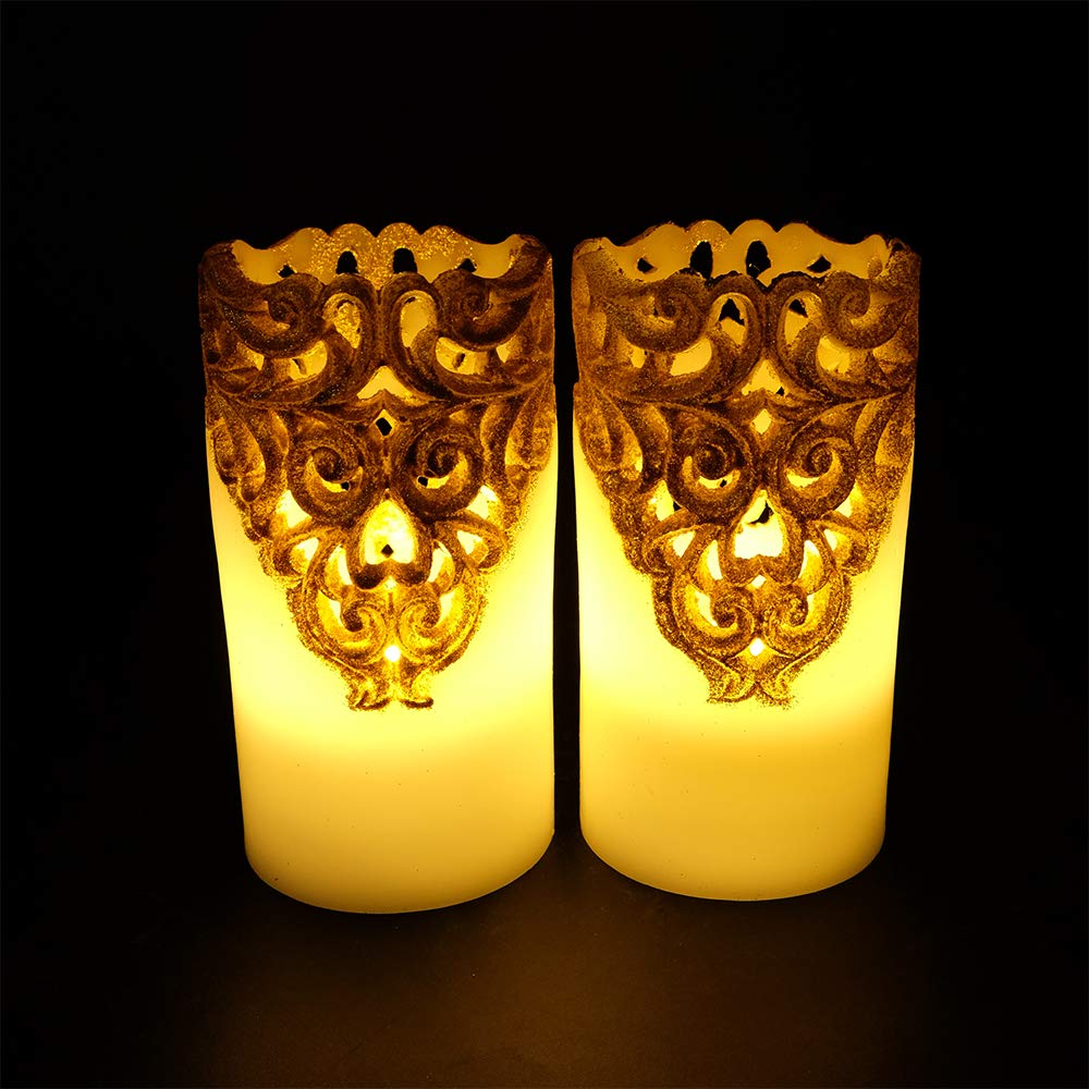 DRomance Hollow Gold Flameless Flickering Candles with 5H Timer, Battery Operated LED Pillar Candles Unscented Wax Warm Light Christmas Home Decoration(Set of 2, 3 x 6 Inches)