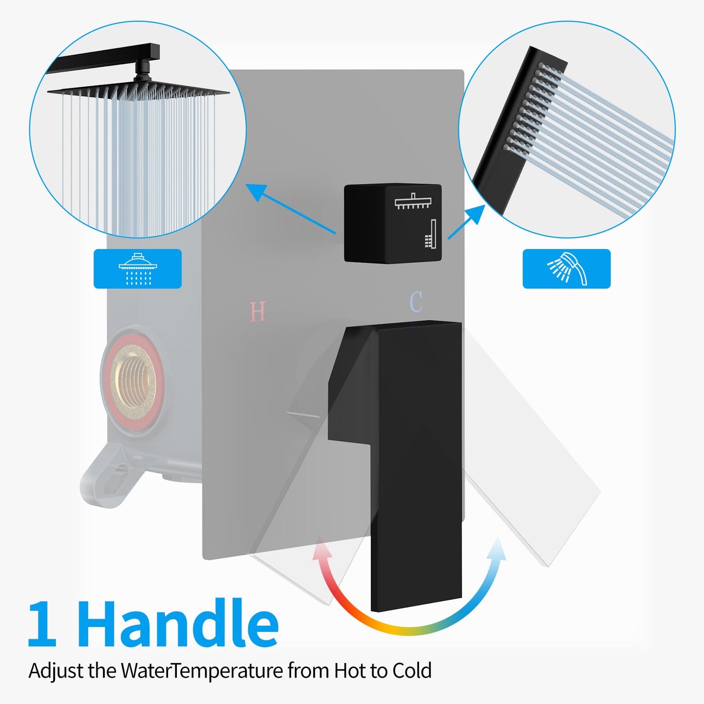 Black Shower System Sets Faucet: EMBATHER 10 Inch Overhead Rainhead Shower Combo Set with Handheld and Valve-Luxury Rain Mixer Rainfall Black Shower Faucets Sets Complete
