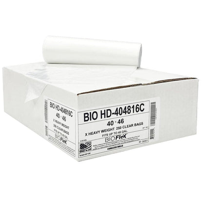 Aluf Plastics 45 Gallon Clear Trash Bags (250 Count) With BioFlex Technology - 40" x 48" - 16 Micron Equivalent High Density Garbage Bags