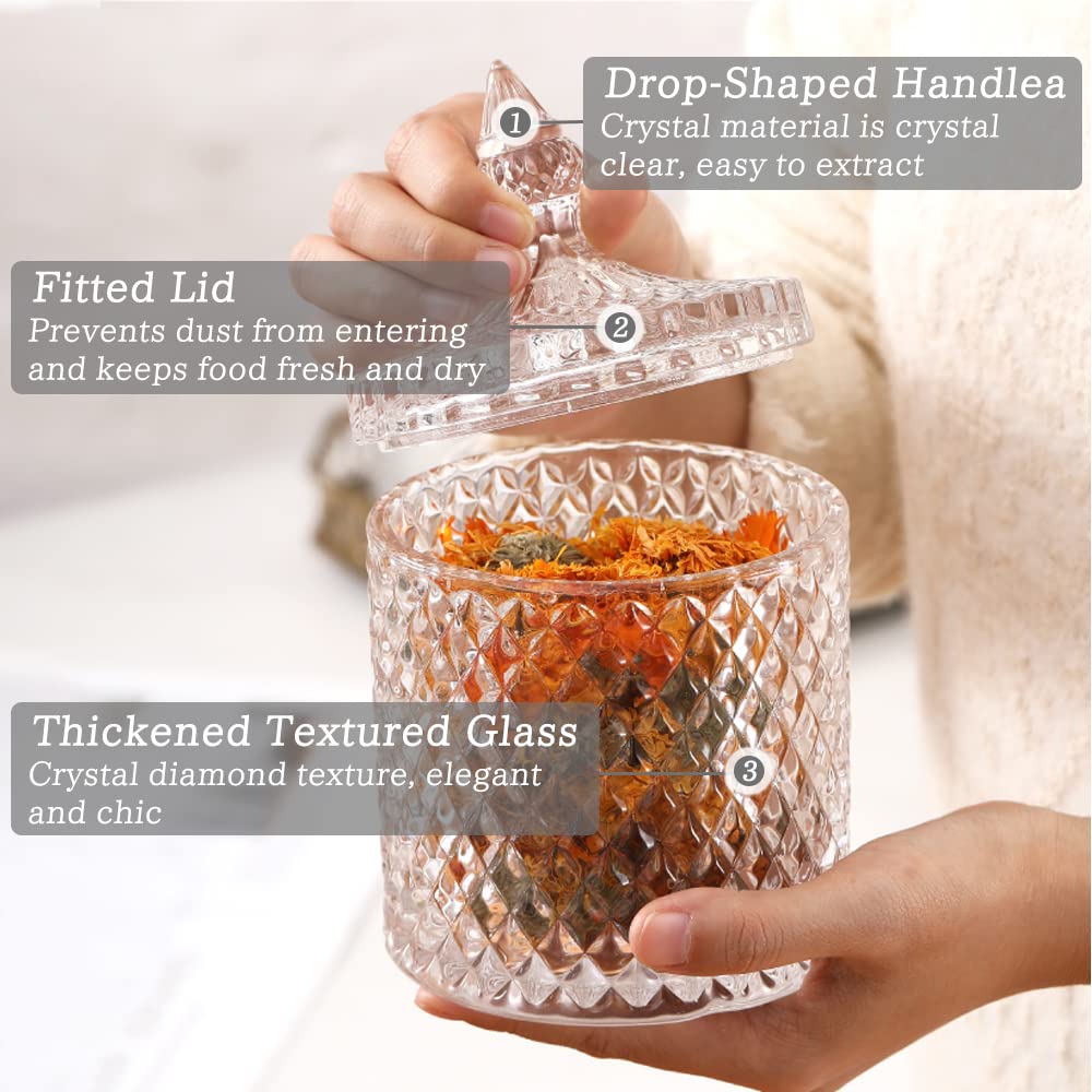 FHDUSRYO 2Pcs Crystal Jar with Lid, Glass Sugar Bowl Decorative Candy Jars, Diamond Candy Dish, Crystal Cookie Tin Biscuit Barrel, Buffet Container, Qtip Holder for Home (10+24oz, Clear)