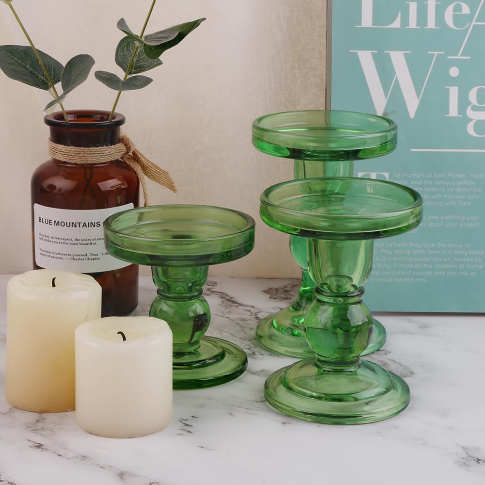BTGLLAS 3-Piece Set of Green Glass Candlestick, Crystal Candlestick Holder Holder and Conical Candle, Christmas Candle Holder Decoration, Family Living Room Wedding Candle Holder (green1set)