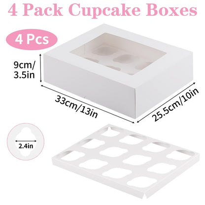 Svalor Cupcake Boxes, 4 Pack Disposable Cupcake Containers, Food Grade Cupcake Carrier 12 Count with Window and Inserts, Cupcake Transport Holders Bulk for Muffins Cookies Treats Dessert（White）