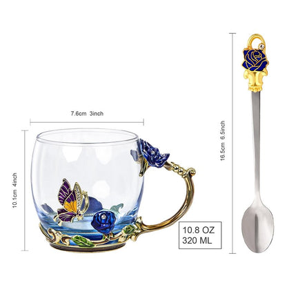 AISVELDY Flower Tea Cup,Butterfly Rose Clear Glass Fancy Coffee Mug with Spoon,Gift Box for Her Mom Wife Grandma Girls Women Christmas Birthday Present Idea for Juice,Hot And Cold Drinks Use