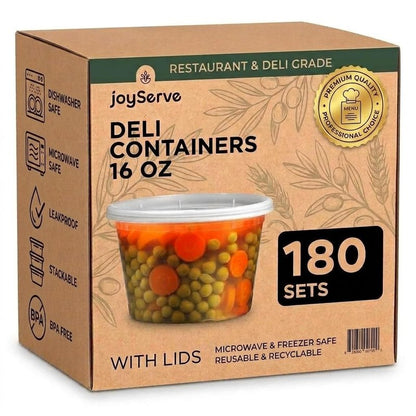 JoyServe 16 oz Deli Containers with Lids – 180 Sets (180 Containers + 180 Lids) – Leakproof, Stackable, Microwave & Freezer Safe – Bulk Food Storage for Restaurant, Deli, Catering, Soup & Meal Prep