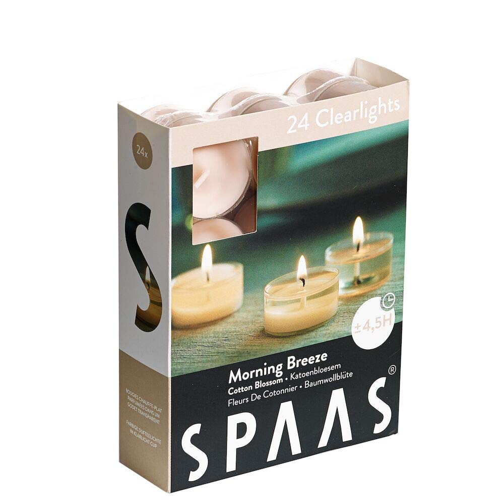 Spaas 24 Scented Clearlights, Tealights in Transparent Clear Cup, ± 4.5 Hours, Morning Breeze