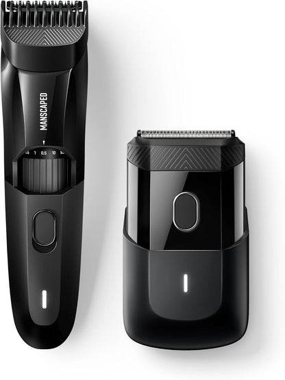 MANSCAPED® The Beard Hedger® Premium Men's Beard Trimmer & The Handyman™ Compact Electric Foil Face Shaver with Long-Hair Leveler & Foil Blades