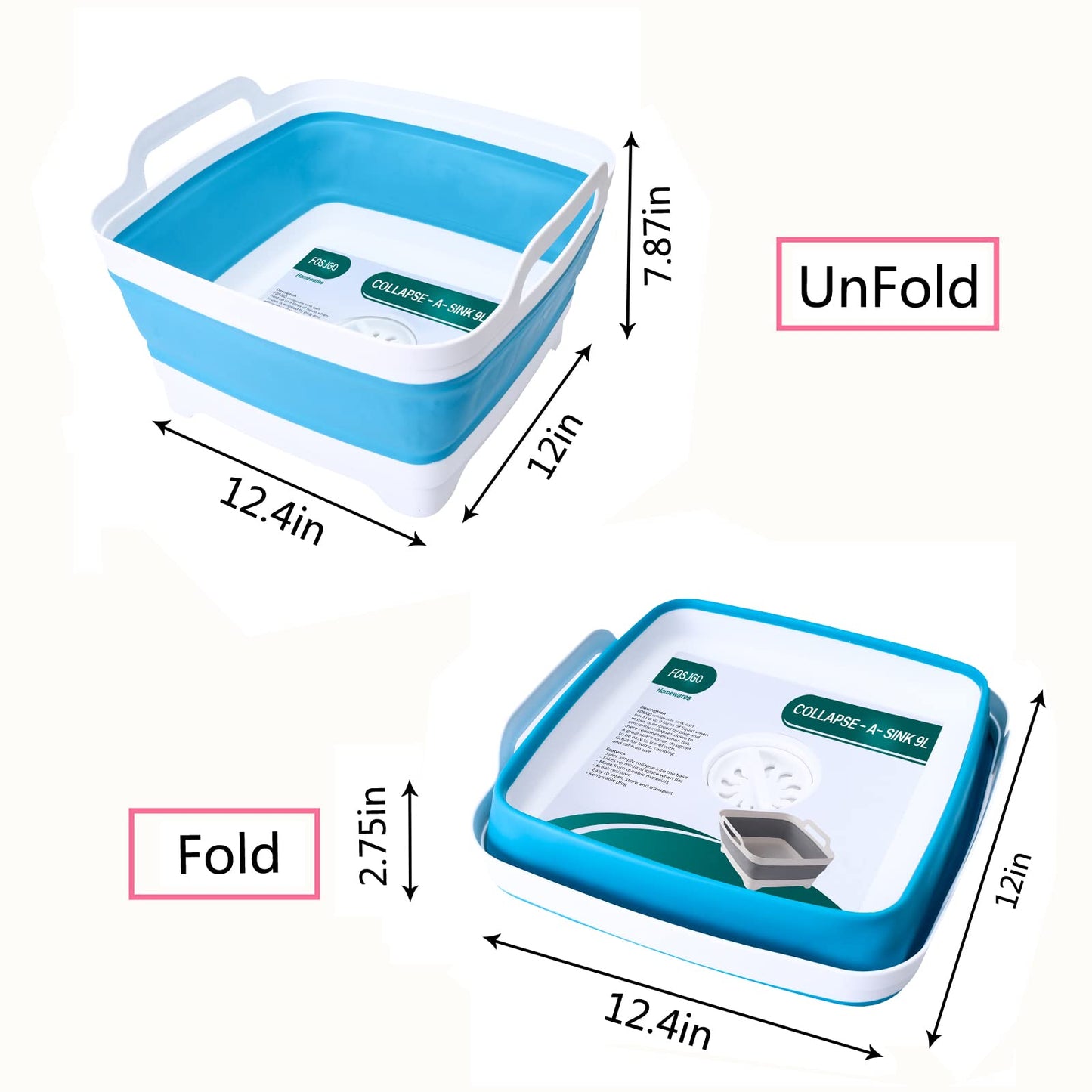 FOSJGO Dish Basin Collapsible with Drain Plug Carry Handles for 9 L Capacity, Collapsible Sink Tub, Dish Wash Basin, Portable Dish Tub, Foldable Dishpan for Camping Dish Washing Tub and RV Sink